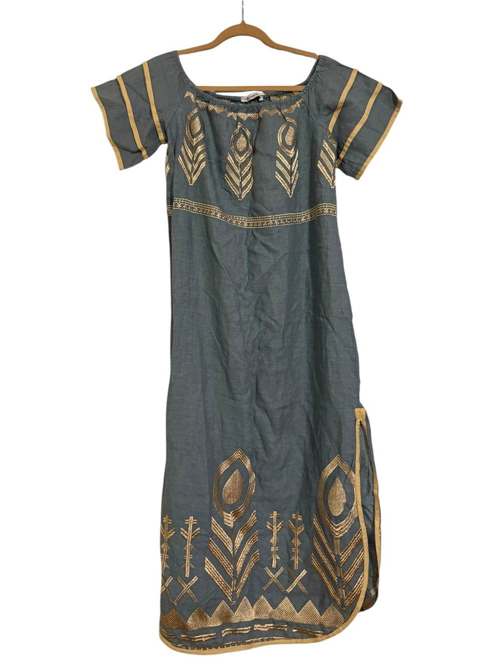 Greek Archaic Kori Feather Embroidered Dress Size S Made in Greece - Picture 2 of 4